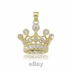 10K Solid Yellow Gold CZ Crown Pendant Cubic Royal Necklace Charm Women Men