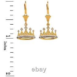 14K Yellow Gold Filigree Royal Crown Drop/Dangle Leverback Earrings