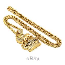14k Gold Plated Royal Lion Crown Cz Hip Hop Pendant 4mm 30 Rope Chain