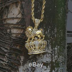 14k Gold Plated Royal Lion Crown Cz Hip Hop Pendant 4mm 30 Rope Chain