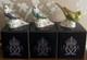 3 Royal Crown Derby Budgerigars / Green, Violet & Sky Blue, Gold Stoppers
