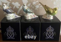 3 Royal Crown Derby Budgerigars / Green, Violet & Sky Blue, Gold Stoppers