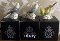 3 Royal Crown Derby Budgerigars / Green, Violet & Sky Blue, Gold Stoppers