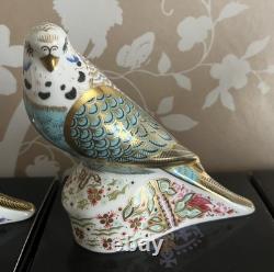 3 Royal Crown Derby Budgerigars / Green, Violet & Sky Blue, Gold Stoppers