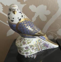 3 Royal Crown Derby Budgerigars / Green, Violet & Sky Blue, Gold Stoppers