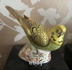 3 Royal Crown Derby Budgerigars / Green, Violet & Sky Blue, Gold Stoppers