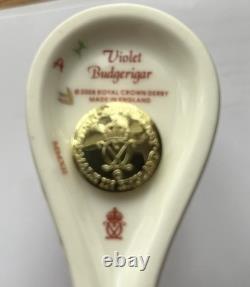 3 Royal Crown Derby Budgerigars / Green, Violet & Sky Blue, Gold Stoppers