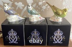 3 Royal Crown Derby Budgerigars / Green, Violet & Sky Blue, Gold Stoppers