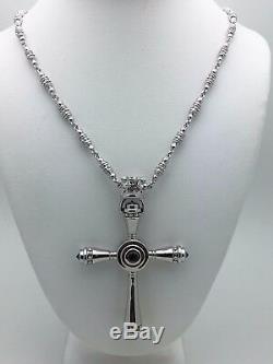 925 Sterling Silver Natural Blue Sapphire Royal Crown Cross Pendant Necklace 24
