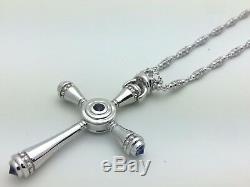 925 Sterling Silver Natural Blue Sapphire Royal Crown Cross Pendant Necklace 24