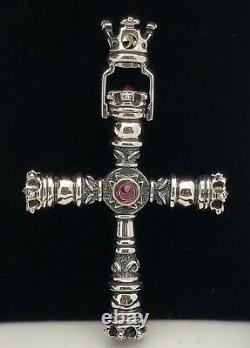 925 Sterling Silver Natural Red Ruby Gemstone Royal Crown Cross Pendant