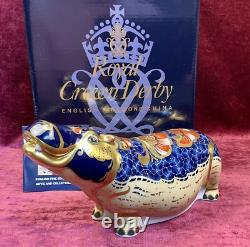 A Magnificent Royal Crown Derby Hippopotamus Paperweight. Gold Stopper & Box