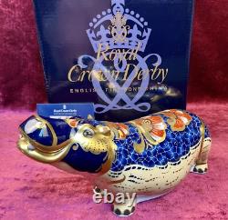 A Magnificent Royal Crown Derby Hippopotamus Paperweight. Gold Stopper & Box