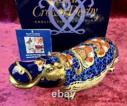 A Magnificent Royal Crown Derby Hippopotamus Paperweight. Gold Stopper & Box