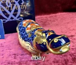 A Magnificent Royal Crown Derby Hippopotamus Paperweight. Gold Stopper & Box