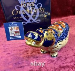 A Magnificent Royal Crown Derby Hippopotamus Paperweight. Gold Stopper & Box