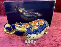 A Magnificent Royal Crown Derby Hippopotamus Paperweight. Gold Stopper & Box