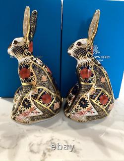 A Pair of Royal Crown Derby Old Imari Solid Gold Band Hares -16.5cm Tall