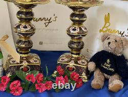 A Pair of Royal Crown Derby Old Imari Solid Gold Band Prestige Candlesticks