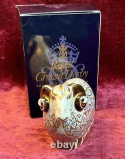 A Rare Limited Edition Royal Crown Derby Premier Ram. Gold Stopper And Box