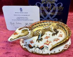 A Royal Crown Derby Crocodile Paperweight. Gold Stopper, Certificate & Box