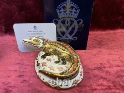 A Royal Crown Derby Crocodile Paperweight. Gold Stopper, Certificate & Box