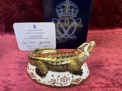 A Royal Crown Derby Crocodile Paperweight. Gold Stopper, Certificate & Box
