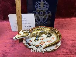 A Royal Crown Derby Crocodile Paperweight. Gold Stopper, Certificate & Box