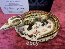 A Royal Crown Derby Crocodile Paperweight. Gold Stopper, Certificate & Box