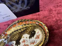 A Royal Crown Derby Crocodile Paperweight. Gold Stopper, Certificate & Box
