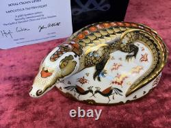 A Royal Crown Derby Crocodile Paperweight. Gold Stopper, Certificate & Box