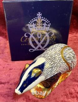 A Royal Crown Derby Paperweight. Woodland Badger. Gold Stopper & Box