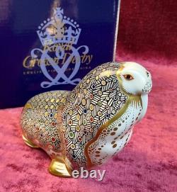 A Substantial Royal Crown Derby Russian Walrus Paperweight. Gold Stopper & Box