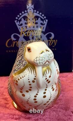 A Substantial Royal Crown Derby Russian Walrus Paperweight. Gold Stopper & Box