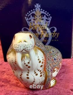 A Substantial Royal Crown Derby Russian Walrus Paperweight. Gold Stopper & Box
