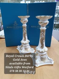BRAND NEW Royal Crown Derby 1st Quality GOLD AVES Pair of Candlesticks 27cm Tall