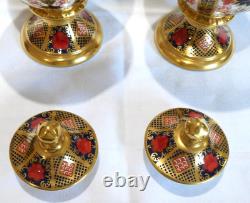 Beautiful Royal Cown Derby Old Imari 1128 Pair Of Lidded Sgb Sudbury Vases Urns