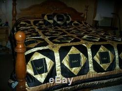 Black Crown Royal quilt 108 x 100 down, Crown Royal bags and Satin, 3 pillows