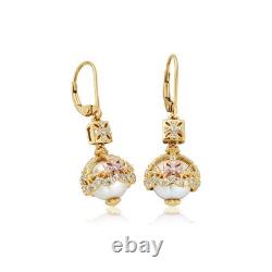 Clogau 9ct Yellow & Rose Gold Royal Crown Zircon and Pearl Drop Earrings New