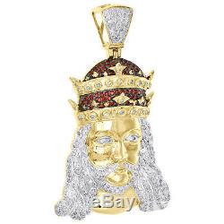 Diamond Royal Crown Jesus Pendant 10K Yellow Gold Round Created Ruby 0.90 Ct