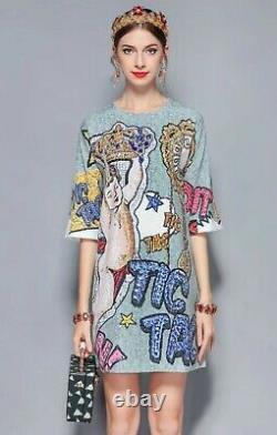 Grey Luxury Royal Crown Print Mural Embellished Cocktail Chic Unique Dress 12