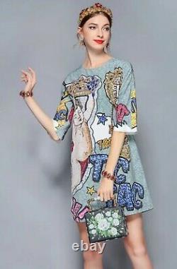 Grey Luxury Royal Crown Print Mural Embellished Cocktail Chic Unique Dress 12