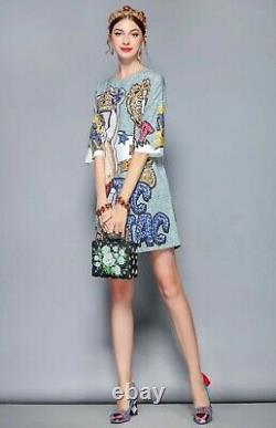 Grey Luxury Royal Crown Print Mural Embellished Cocktail Chic Unique Dress 12