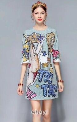 Grey Luxury Royal Crown Print Mural Embellished Cocktail Chic Unique Dress 12