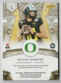 Justin Herbert2020 Chronicles #5/7 Crown Royale Rose Bowl Patch Rc Auto
