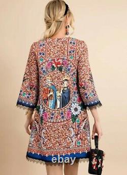 Luxury Vtg Art Royal Crown Print Mural Embellished Cocktail Unique Dress UK 12