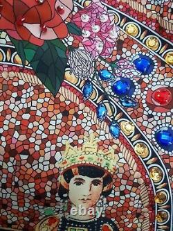 Luxury Vtg Art Royal Crown Print Mural Embellished Cocktail Unique Dress UK 12