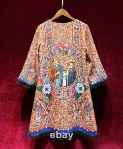 Luxury Vtg Art Royal Crown Print Mural Embellished Cocktail Unique Dress UK 12