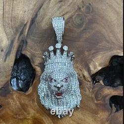 Men's Round Simulated Diamond Royal Crown Lion Head Pendant 925 Sterling Silver