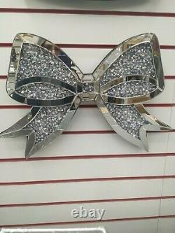 New Mirrored Crushed Diamond Sparkly Crown King Queen & Bow Plaque Wall Hanging